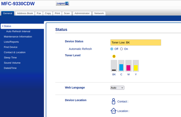 Brother MFC 9330 CDW low black toner warning in browser