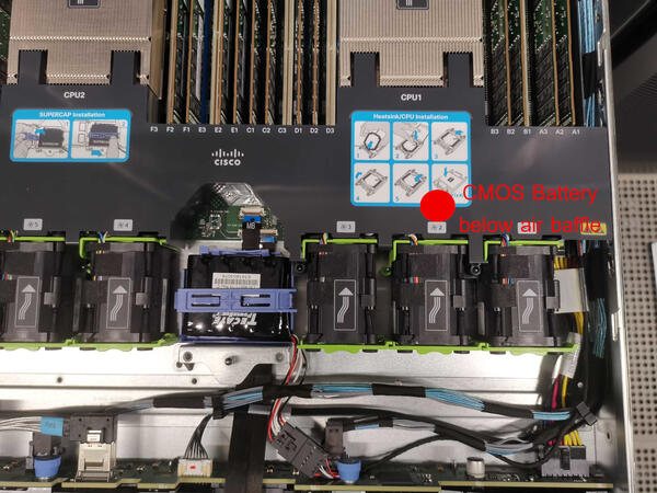 Location of the CMOS battery in a Cisco UCS C220 server.