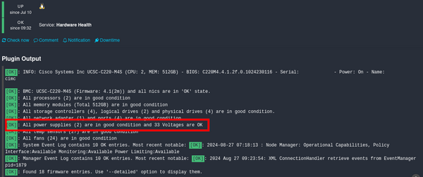 Hardware checks of Cisco UCS 220 in Icinga 2 show OK.