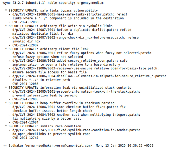 Ubuntu changelog for rsync security update